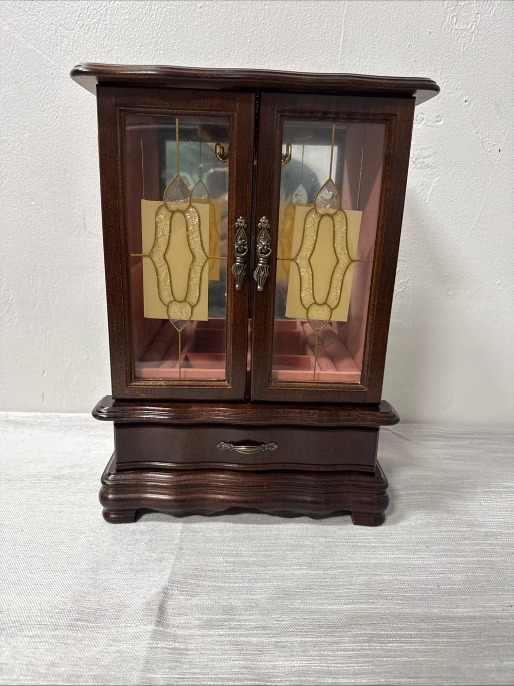 Wooden Vintage Jewelry Armoire with Glass Doors - Brown